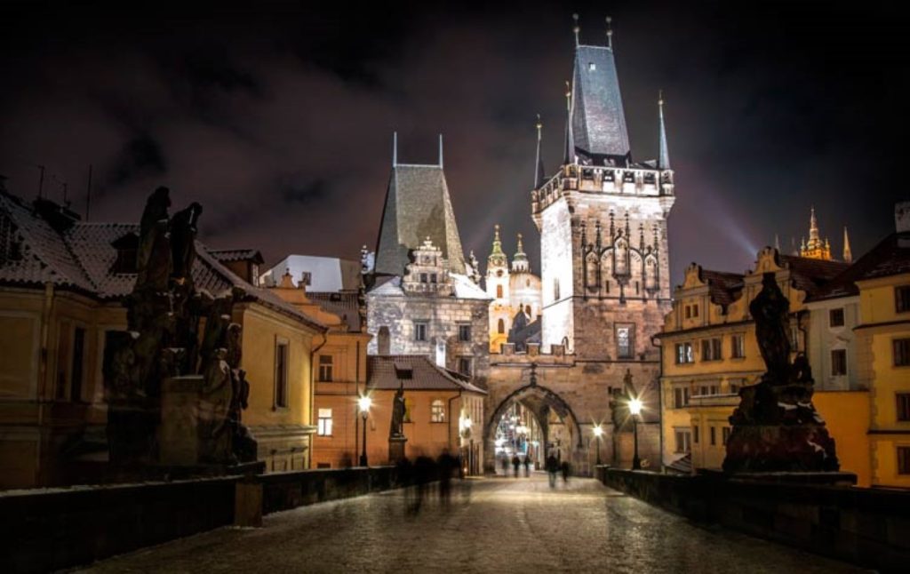 Prague in family Prague at night from Charles Bridge